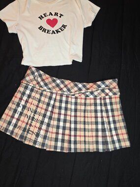 Plaid Pleated Mini Skirt - Taupe/combo